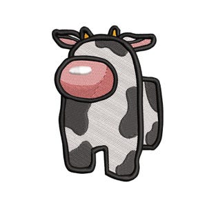 May include: A black and white cow-patterned Among Us character with a pink face and yellow horns.
