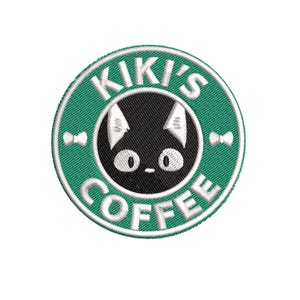May include: Embroidered patch with a black cat face inside a green circle. The text "KIKI'S COFFEE" is arched around the cat, with bow accents. The design is set against a white background.