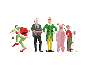 May include: Embroidered figures of iconic Christmas movie characters, including the Grinch, Buddy the Elf, and Ralphie in his pink bunny suit. The figures are in a row, each with distinct outfits and poses, against a white background.