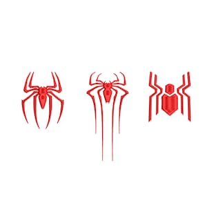 May include: Three red embroidered spider-man logos. The first logo is a simple spider silhouette. The second logo is a spider with web lines extending down. The third logo is a spider with web lines extending out to the sides.