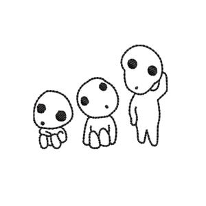 May include: Three black and white cartoon figures with large, round heads and small bodies. The figures are in different poses, with one sitting, one kneeling, and one standing and touching its head. The image is a simple line drawing.