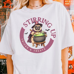 Halloween Pug T-Shirt, Witch Pug Shirt, Stirring Up Tricks and Treats, Halloween Dog Tee, Cute Ghost T-Shirt, Spooky Season T-Shirt