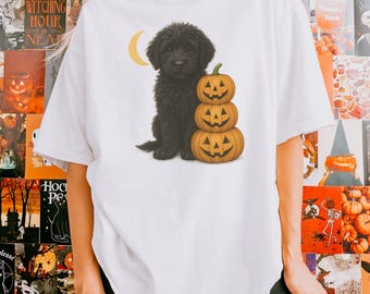 Black Goldendoodle Halloween Shirt, Comfort Colors Pumpkin Dog Tee, Spooky Doodle Shirt for Fall, Cute Dog Mom Gift, Moon Dog Shirt