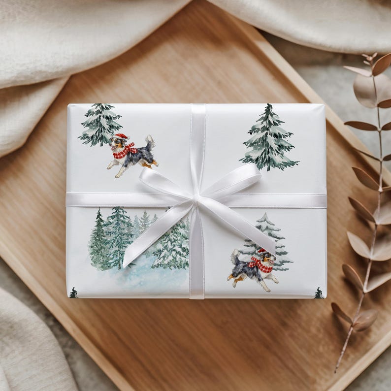 Watercolor Australian Shepherd Christmas Wrapping Paper Roll, Glossy or Matte Finish, Holiday Dog Lover Gift Wrap, Aussie Minimalist Wrap zdjęcie 2
