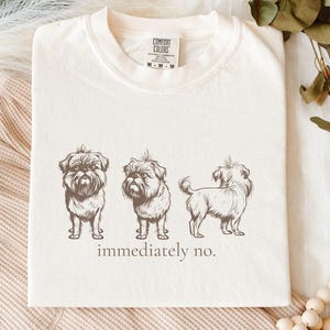 May include: A white t-shirt with a brown illustration of three Brussels Griffon dogs. The text "immediately no." is printed below the dogs.