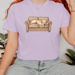 Comfort Colors t-shirt with yellow Labrador retriever sleeping on couch graphic design.