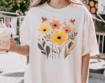 Boho Wildflower T-Shirt for Women, Cute Flowers and Birds Oversized Comfort Colors Tee, Nature Inspired Shirt, Botanical Gift For Her