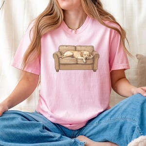 Comfort Colors t-shirt with yellow Labrador retriever sleeping on couch graphic design.