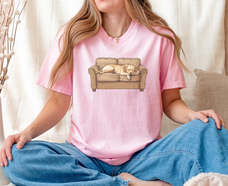 Comfort Colors t-shirt with yellow Labrador retriever sleeping on couch graphic design.
