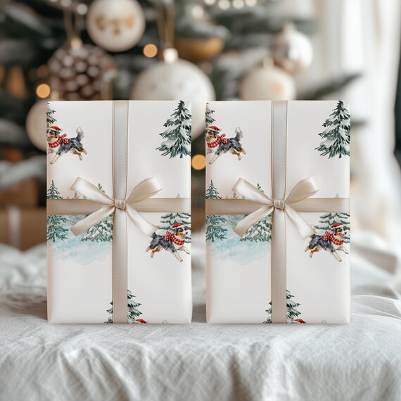 Watercolor Australian Shepherd Christmas Wrapping Paper Roll, Glossy or Matte Finish, Holiday Dog Lover Gift Wrap, Aussie Minimalist Wrap