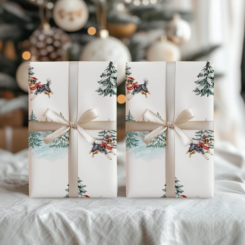 Watercolor Australian Shepherd Christmas Wrapping Paper Roll, Glossy or Matte Finish, Holiday Dog Lover Gift Wrap, Aussie Minimalist Wrap zdjęcie 1