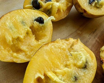 May include: Several halves of a yellow sapote fruit showing a vibrant golden-orange, creamy pulp and dark brown, oval-shaped seeds embedded within the fibrous, moist flesh. The fruit halves are cut open to reveal the textured interior.