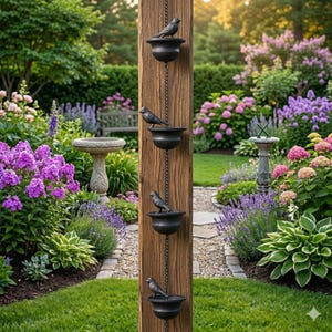 May include: A decorative rain chain with four black bird sculptures perched on bowls, suspended from a wooden post. The chain hangs in a lush garden with vibrant purple and pink flowers, green grass, and a stone bird bath.