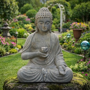 May include: A gray stone Buddha statue in a seated meditation pose, holding a small cup. The statue is weathered, with detailed facial features and draped robes. The statue is placed on a moss-covered rock in a garden setting.
