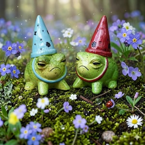 May include: Two green ceramic frog ornaments with grumpy faces, wearing pointed hats and collars. One has a blue hat with black spots, the other a red hat. They are set amongst moss and flowers, with a ladybird visible.