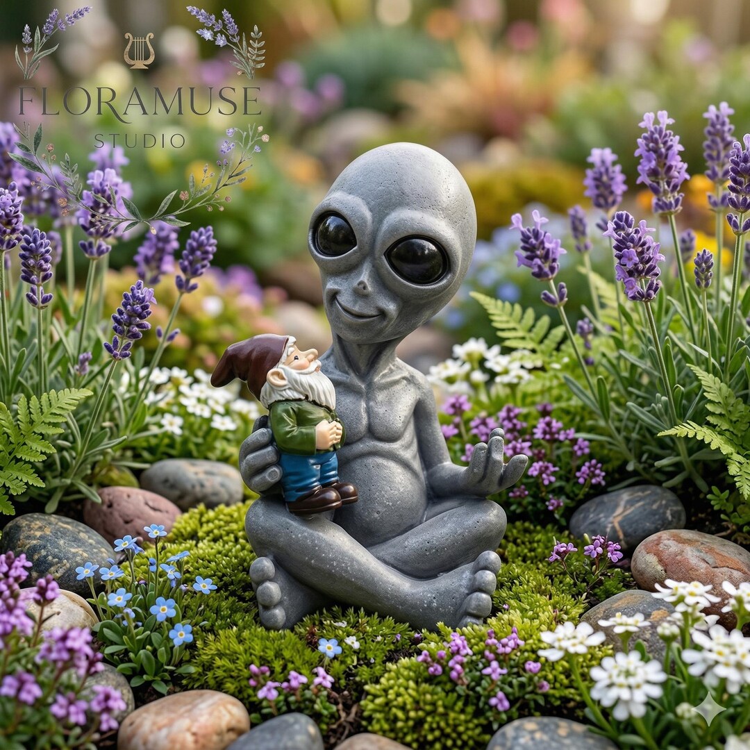 Funny Alien Garden Gnome Statue, Weird Sci-fi UFO Yard Decor ...