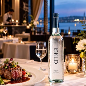 Puede incluir: Una botella de vidrio transparente de agua artesiana ISKLD con tapa azul oscuro, colocada sobre un mantel blanco junto a una copa de vino, un plato con filete sellado con espárragos y tomates cherry, y una vela encendida en un portavelas.