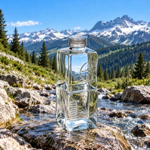 Puede incluir: Una botella de agua de vidrio transparente de forma cuadrada con una tapa de rosca de color plateado. La botella presenta un logotipo circular con una figura estilizada en su interior y la palabra "FROMM" grabada verticalmente.