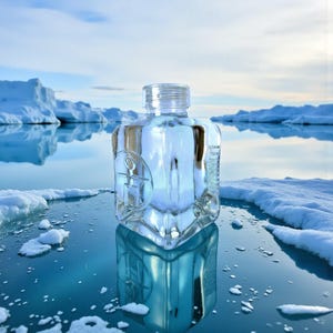 Puede incluir: Una botella de vidrio transparente de forma cuadrada con tapón de rosca. La botella tiene un logotipo en la parte delantera y se refleja en el agua azul. El fondo presenta icebergs y un cielo nublado.