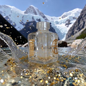 Puede incluir: Una botella de vidrio transparente de forma cuadrada con cuello corto y tapón transparente. La botella presenta el texto dorado 'fromin' y un logotipo circular dorado. Está rodeada de salpicaduras de agua y pequeñas partículas doradas.