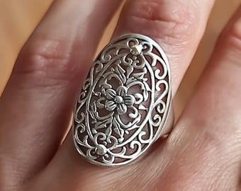 Sterling Silver Victorian Ring, Vintage Filigree Oval Band, Gothic Plumeria Flower, Baroque Ornate Jewelry, Handmade Antique Style Ring
