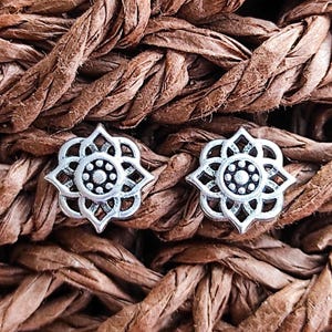 Silver Mandala Earrings. Lotus Flower Studs. Sterling Silver Ornament Earrings. Boho Elegant Silver Earrings. Chic Style Studs.