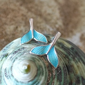 Sterling Silver Mermaid Tail Earrings, Turquoise Enamel Whale Tail Studs, Cute Summer Ocean Jewelry.