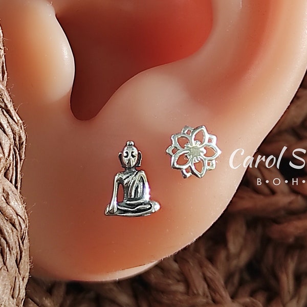 Buddha Silver Earrings, Tibet Silver Jewels, Buddha Studs 925, Om Silver Studs, Solid Silver Om Earrings, Meditation Sterling 925, Shiva 925