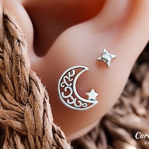 Zilveren filigraan oorbellen maan | Sterlingzilveren maan- en sterstekers | Sierlijke astrale sieraden | Sterlingzilver Boho Chic Magische Maan