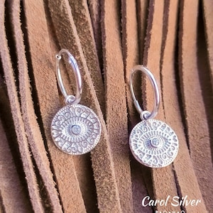Orecchini con moneta d'argento, orecchini a cerchio in argento massiccio, orecchini a cerchio Boho in argento, orecchini Occhio di Dio, orecchini Occhio che tutto vede, orecchini Occhio sacro