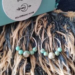 925 Sterling Silver Hoops, Stone Beads Earrings with Seashell Sediments, Turquoise Colored Earrings, Summer earrings with Natural Howlite