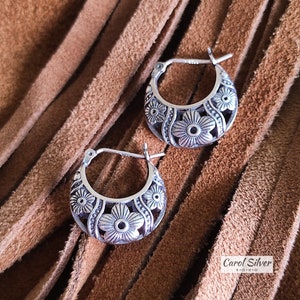Silver Hoop Earrings, Boho Earrings for Women, Flower Creole Earring, Ethnic Hallmarked Jewelry, Snap Post Hoop Earrings, Flower Hoops