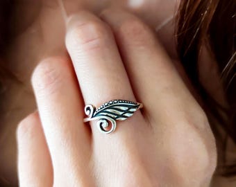 Silber Feder Ring • Verstellbarer Flügel Ring • Boho Blatt Schmuck Sterling 925 • Geschenk für Sie