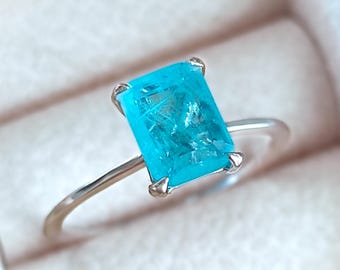 Paraiba Tourmaline Ring. Baguette Cut Engagement or Statement Jewelry. Handmade Baguette Set Green Tourmaline Jewel. 925 Silver Solitaire