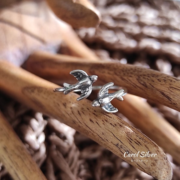 925 Silver free Bird Ring, Flight of Swallow Ring, Birds Lover Adjustable Ring, Sterling Silver Bird Band Ring, Nature-inspired jewelry