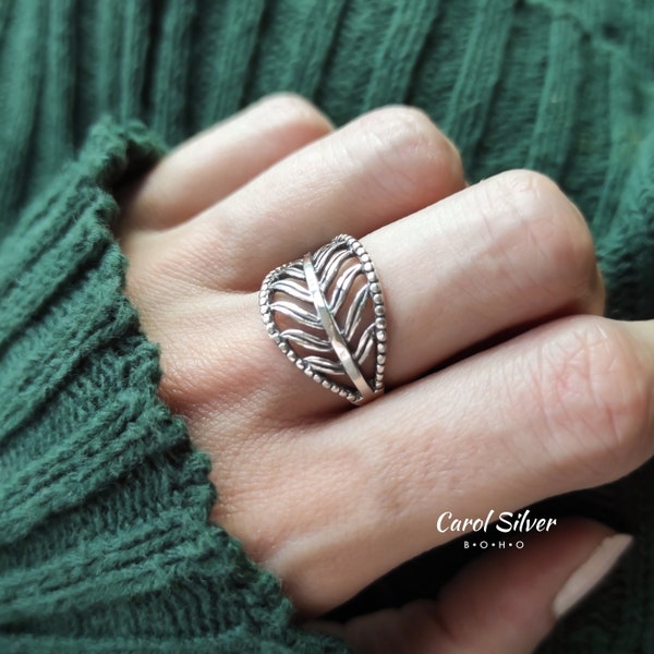 Bague feuille en argent sterling massif, bague feuille d'arbre, large bague en argent sterling, bague en filigrane, bague branche d'arbre,