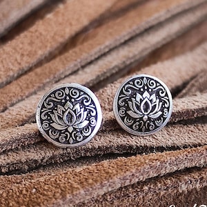 Lotus Flower Stud Earrings, Oxidized Silver Filigree Ear Jewelry, Boho Mandala Jewl, Mystical Zen Studs, Silver 925 Button Earrings Handmade