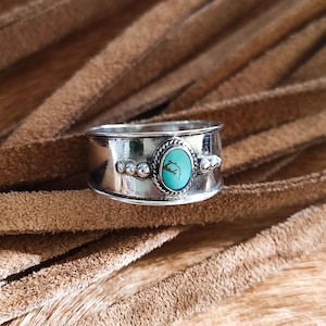 Silver Turquoise Stone Ring. Boho Wide Band. Sterling 925