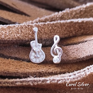 Musical Note Stud Earrings, Sterling Silver 925 Moissanite Treble Clef, Music Lover Jewelry, Original Silver Stud, Perfect Gift for Musician