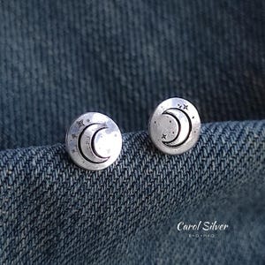 Moon and Stars Stud Earrings. Sterling Silver Celestial Earrings. Little Crescent Moon Earrings. Lunar Jewelry Gift for Her