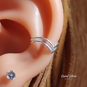 Sterlingzilveren oormanchet | Boho tribal niet-doorboorde manchet | Sieraden in etnische hippiestijl | Cadeau voor haar | Helix omslagmanchet | Dubbele V-oormanchet
