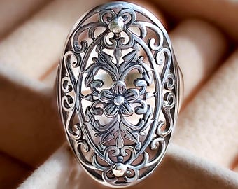 Victorian Silver Ring: Filigree Plumeria Flower · Gothic Baroque Jewelry · Sterling Silver 925