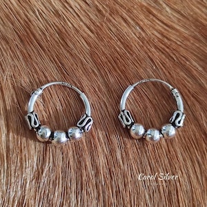 Aros de Plata de Ley 925 • Pendientes Boho Artesanales 12 mm con Bolitas • Aritos de Plata Hechos a Mano
