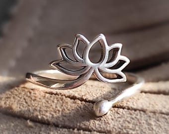 Anillo en Plata de Ley Flor Antigüa, Sortija Sello Flor de Loto, Anillo Flor de Loto Ajustable, Anillo de Plata Boho, HDS Ring, Anillo Lotus
