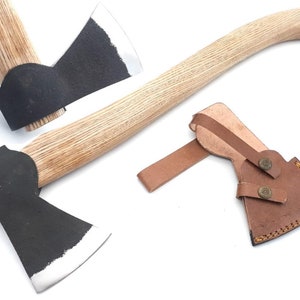 Handmade 19 Inch Hand Forged Hatchet- Carbon Steel Bearded Wooden Axe for Camping,Wood Splitting, Chopping and Gardening Axe, Leather Sheath