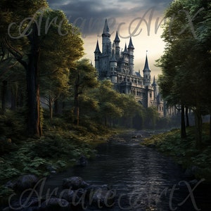 May include: A stone castle with multiple towers and spires stands at the end of a dark, flowing river. The structure is surrounded by dense green trees and foliage under a cloudy, dim sky. The text ArcaneArtX is visible in the image.