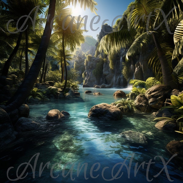 Majestic exotic place, Sea, Trees, Waterfall Rivers, Sunny, Summer vibes, Wallpaper, Tropical Island, Nature, ocean, Water, Blue ocean