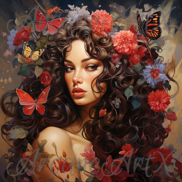 A beautiful brunette woman surrounded by flowers and butterflies, Digital Art, Fantasy, Artwork, Painting, Midjourney AI, Photoshop, Images