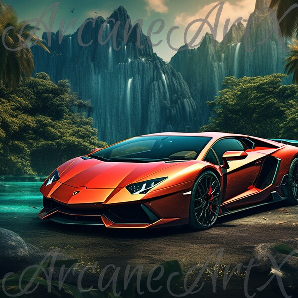 An Exotic Supercar in a Hidden Tropical Fantasy Place Surrounded by beautiful Mountains, Waterfalls and Trees, HD Desktop PC Wallpaper, 16:9