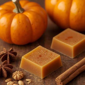 May include: An overhead shot features two small orange pumpkins, caramel squares, star anise, and a cinnamon stick. The caramel squares are light brown with a textured surface. The pumpkins are a vibrant orange color.